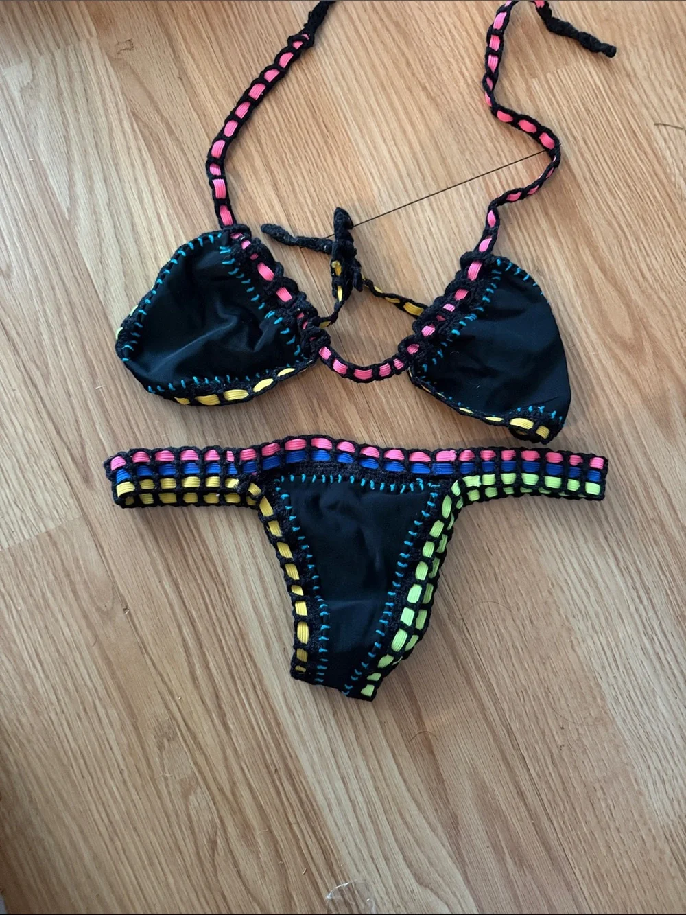 Black Kids One-Piece Swim Set with Neon Pink & Yellow Trim